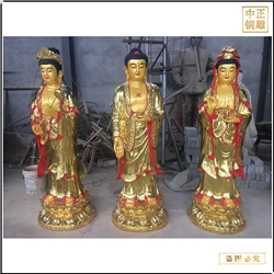 鑄銅關公 貼金站式西方三圣銅佛像廠家