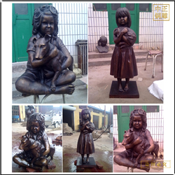 鑄銅關公 小女孩抱寵物銅雕塑