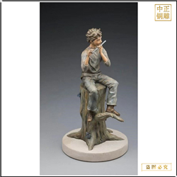 鑄銅關公 小男孩吹笛子銅雕塑